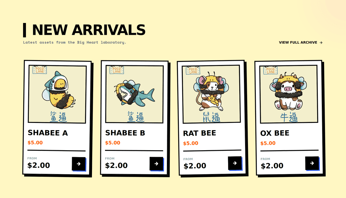 Poco Lane Studio New Arrivals section showing four polaroid-style product cards — Shabee A, Shabee B, Rat Bee and Ox Bee — each with an illustrated character, a five-dollar price and a from-two-dollar price, beside a View Full Archive link.