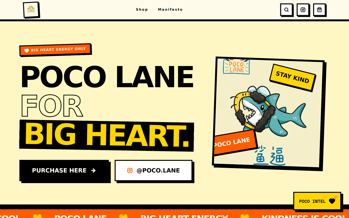 Poco Lane Studio homepage hero on a pale-yellow background, with the bold headline Poco Lane For Big Heart, an illustrated shark-bee mascot card reading Stay Kind, a black Purchase Here button and an at-poco-dot-lane Instagram button.