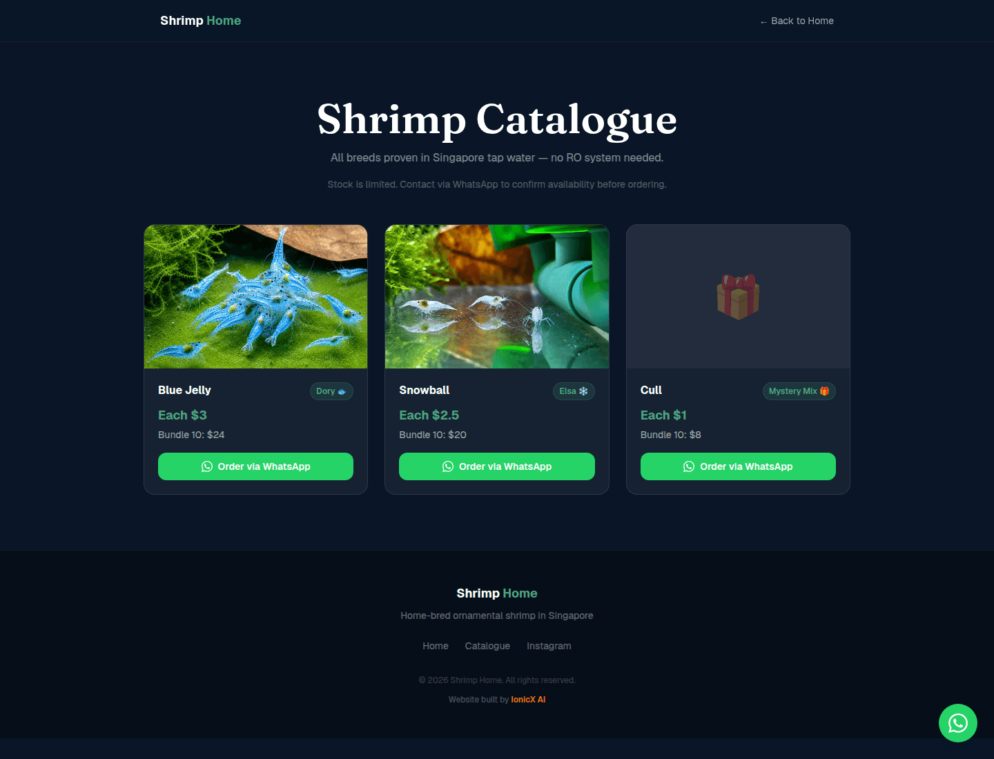 Shrimp Home catalogue page on a dark navy background with three breed cards - Blue Jelly, Snowball and Cull - each showing a photograph, a per-shrimp price, a bundle-of-ten price, and a green Order via WhatsApp button.