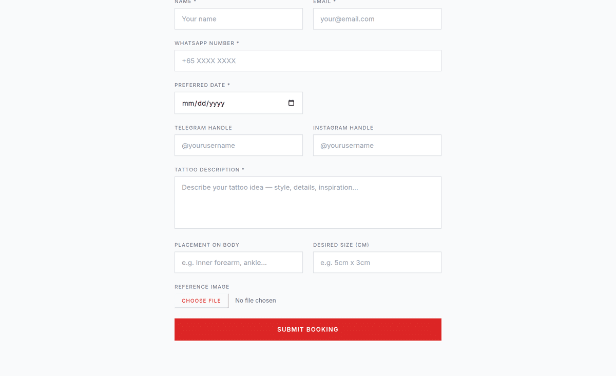 TattByLyds booking form with fields for name, email, WhatsApp number, preferred date, Telegram and Instagram handles, tattoo description, placement, size and reference image, above a red Submit Booking button.